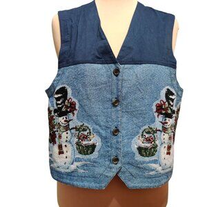 Karen Scott L womens vest vintage embroidered snowman denim Christmas retro